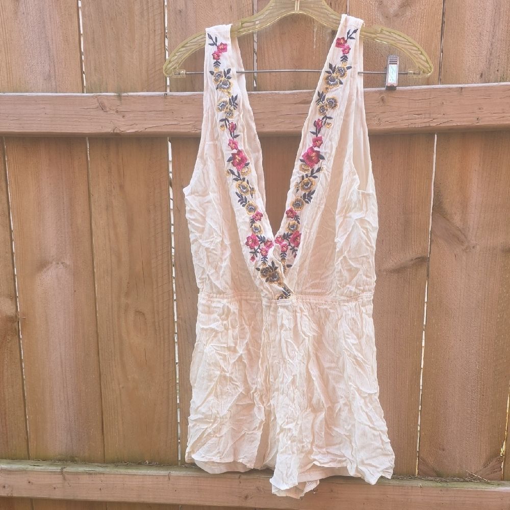 Floral Embroidered Cream Romper